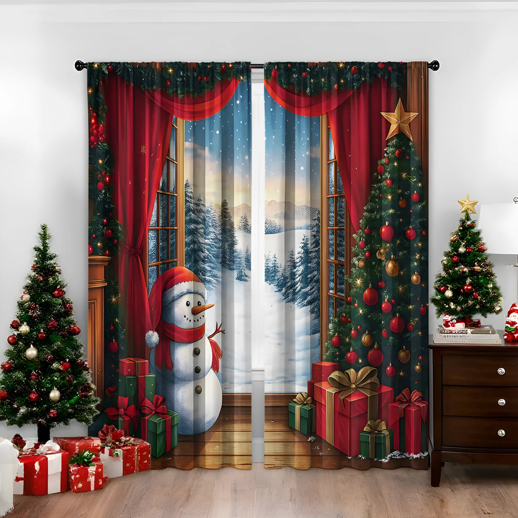 3D digital printed Christmas pattern on polyester curtain hanging in a window