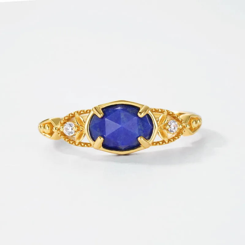 Geometric elliptical lapis lazuli ring in silver alloy with Japanese-inspired design