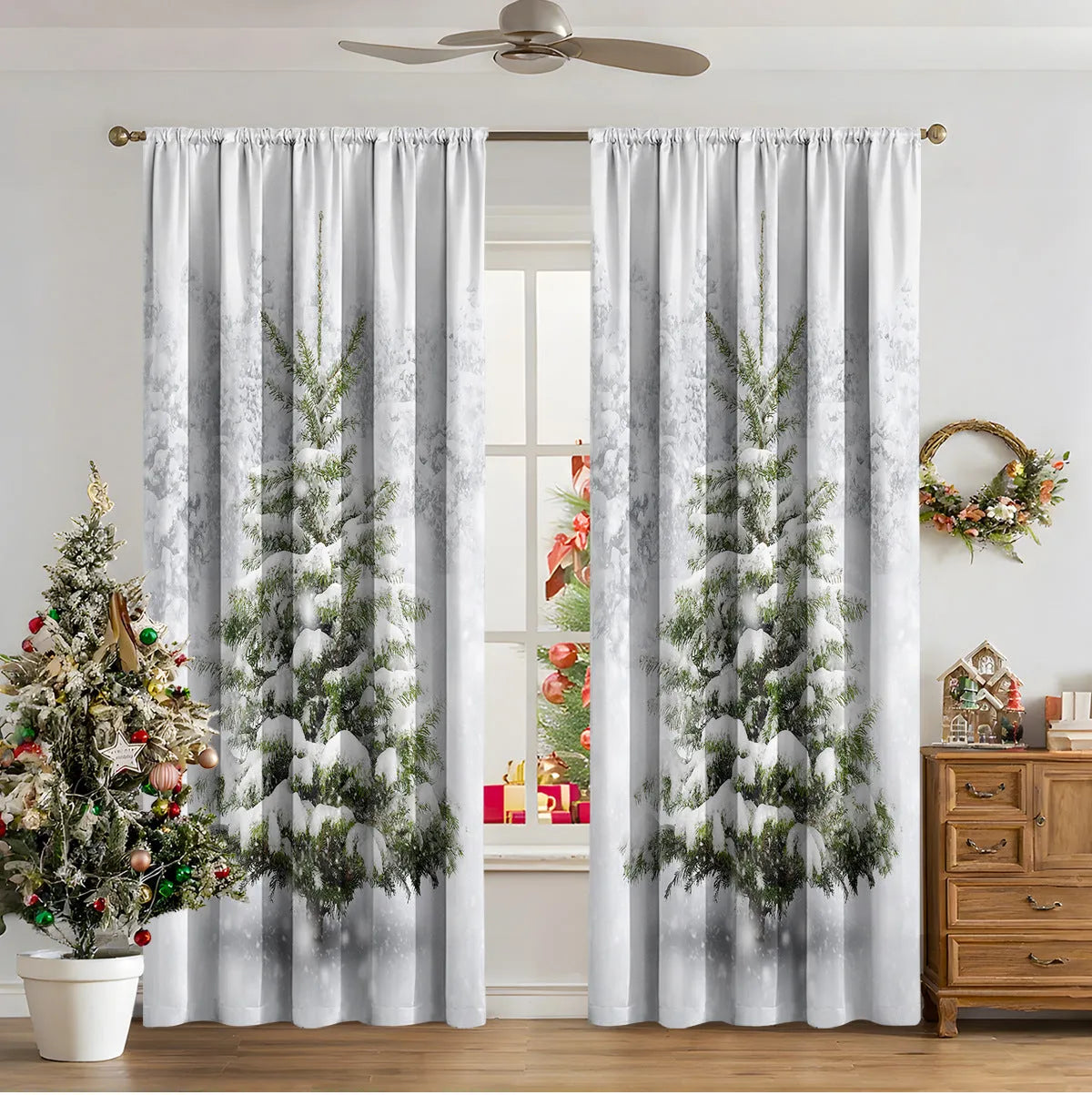 3D digital printed Christmas pattern on polyester curtain hanging in a window