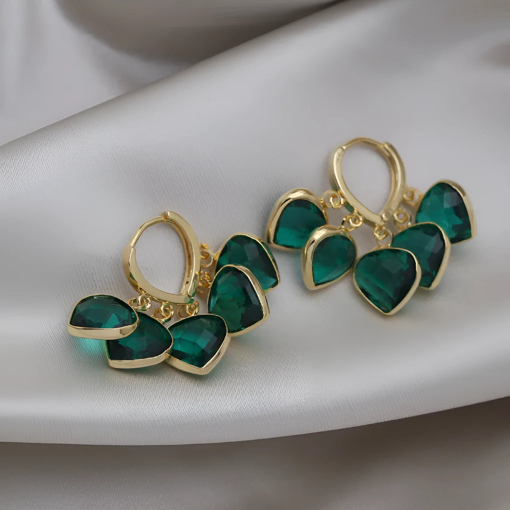 Green heart pendant ear clip earrings in Korean style with copper and artificial gemstone construction