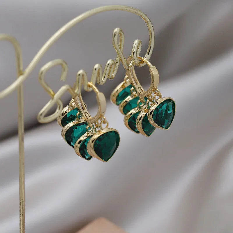 Green heart pendant ear clip earrings in Korean style with copper and artificial gemstone construction