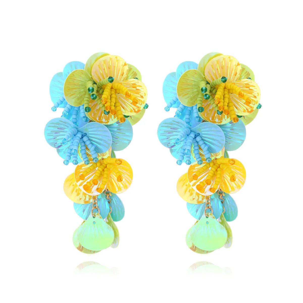 Handmade string bead flower earrings in exaggerated dopamine style with colourful floral designs