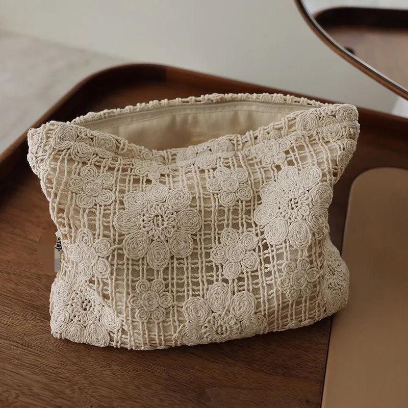 Handmade corducrochet hollow flower cosmetic bag with ethnic embroidery, rope colour variation