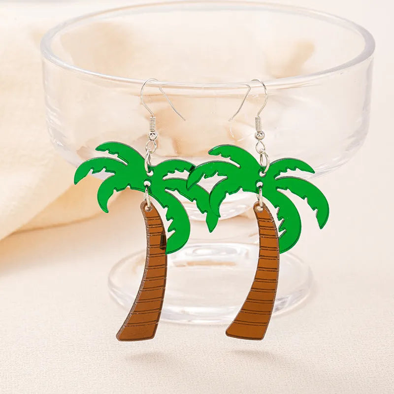 Pair of women's hook earrings with a green and yellow acrylic jackfruit drop decoration on a gold-toned alloy hook.