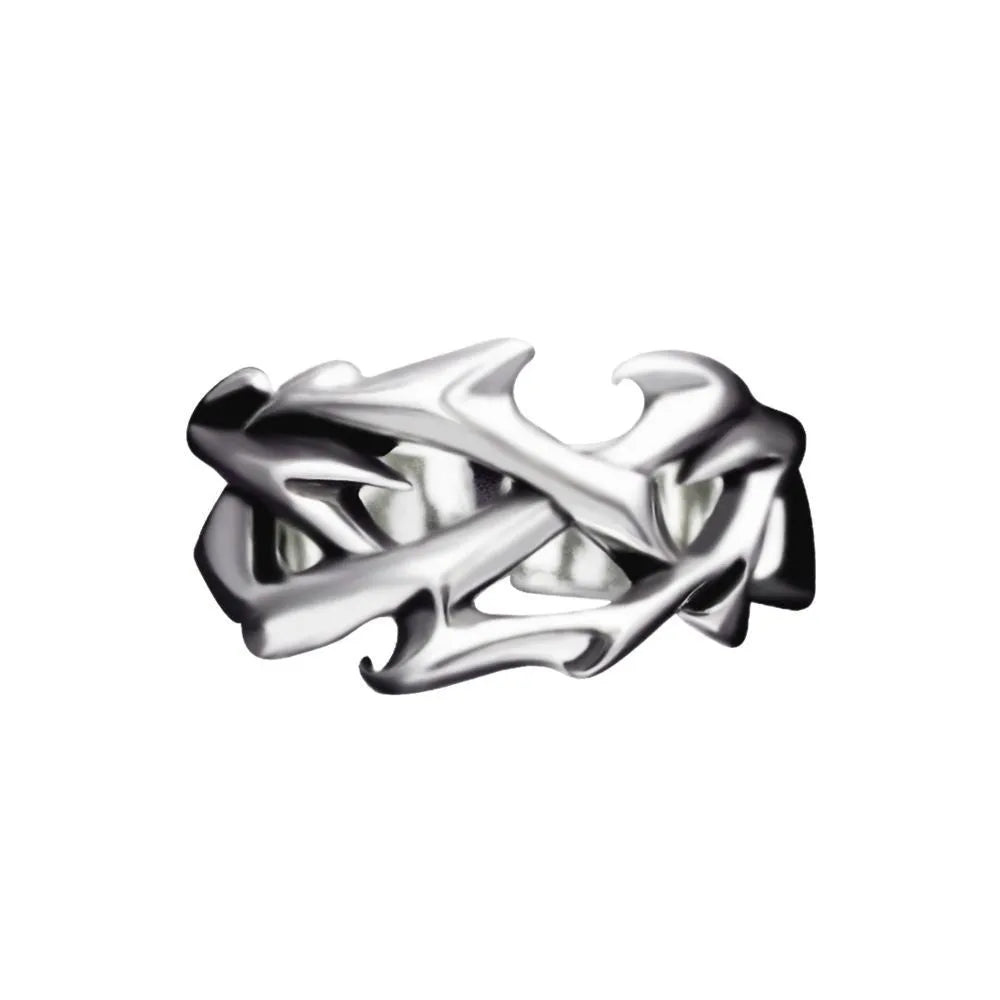 Copper men's ring with geometric thorn flower design and adjustable band in J2150 colour.