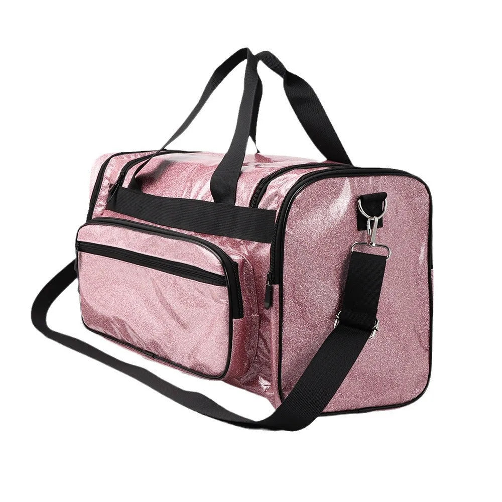 PU leather sports handbag in blue colour showing large capacity and letter pattern design