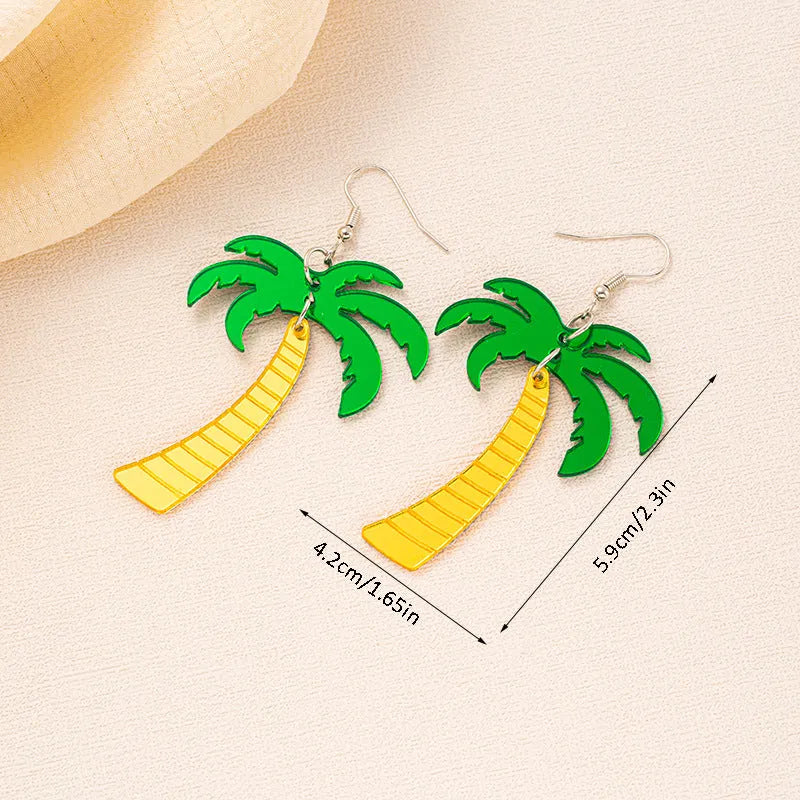 Pair of women's hook earrings with a green and yellow acrylic jackfruit drop decoration on a gold-toned alloy hook.