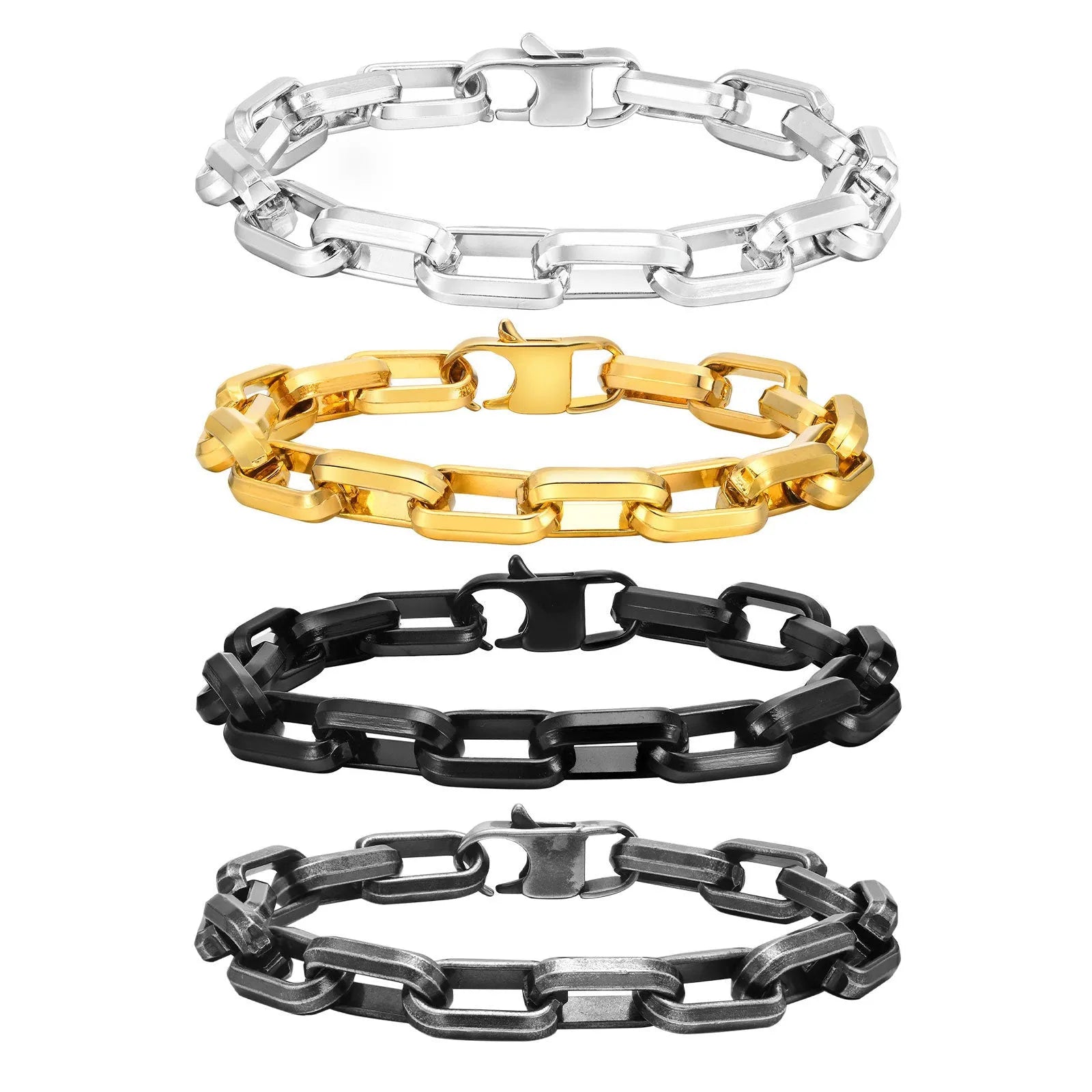 Men's simple square chain titanium steel bracelet in steel, gold, black, and retro electroplated colours.