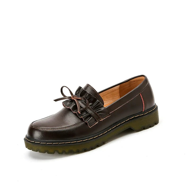 Women's brown leather chunky heel shoes with round toe and low-top design