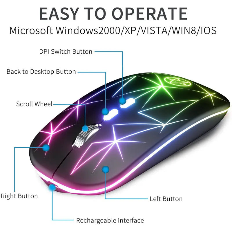 Wireless Bluetooth gaming mouse with luminous charging port and metal scroll wheel