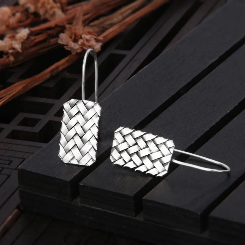 Silver geometric woven plaid earrings for women, made from 925 sterling silver.