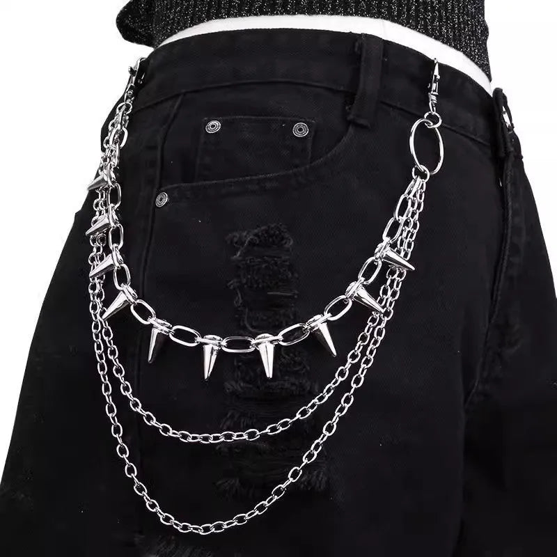 Silver double layer punk trousers chain with rivet detailing, 115cm length