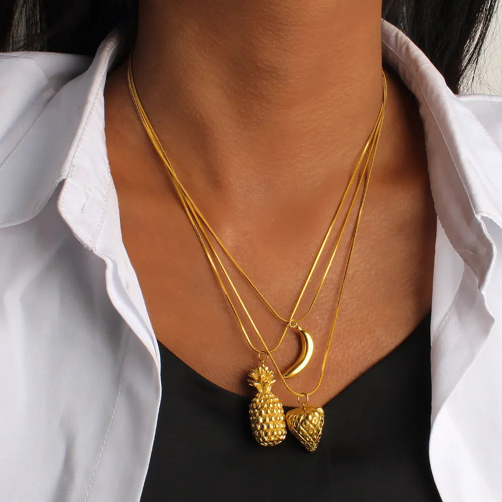 Stainless steel fruit necklace pendant in six colour options on regular chain