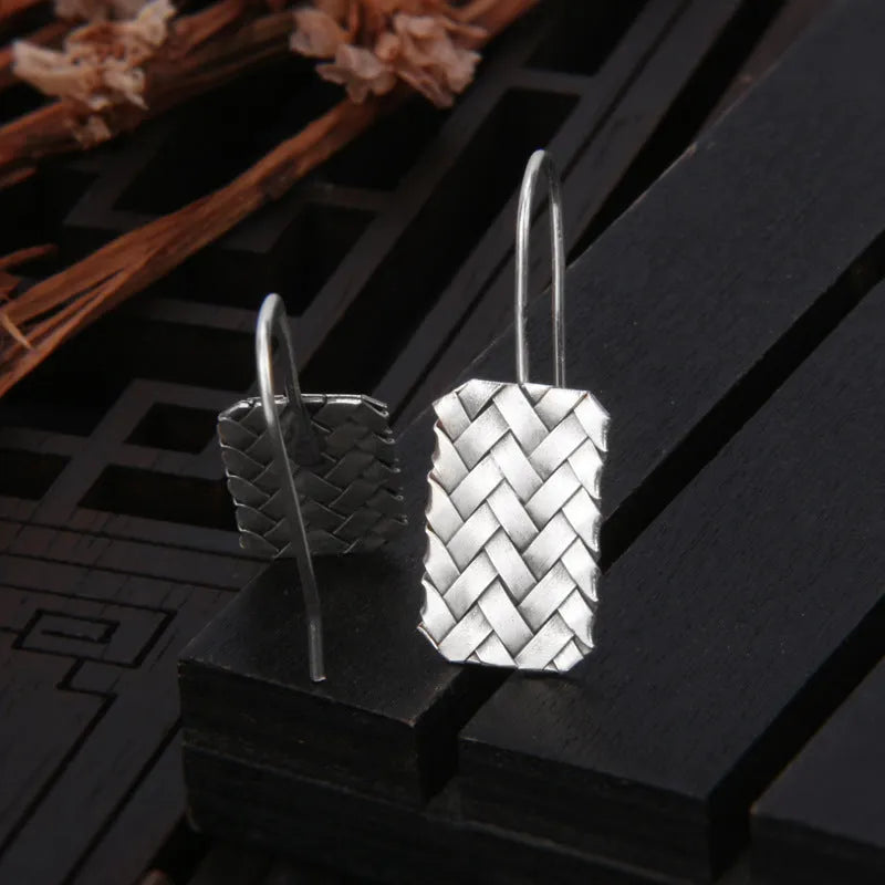 Silver geometric woven plaid earrings for women, made from 925 sterling silver.