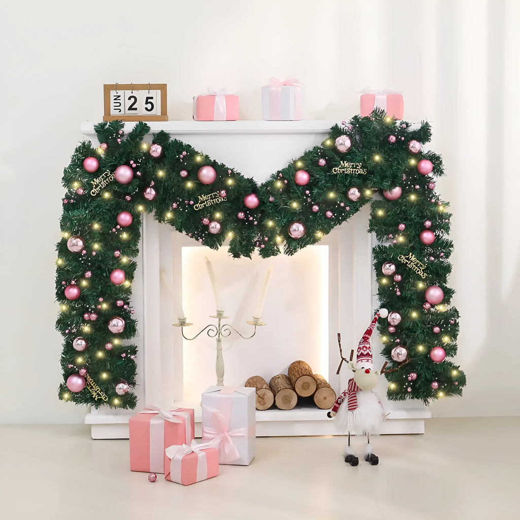2.7 metre pink Christmas rattan decoration with 240 LED lights in small fruit design