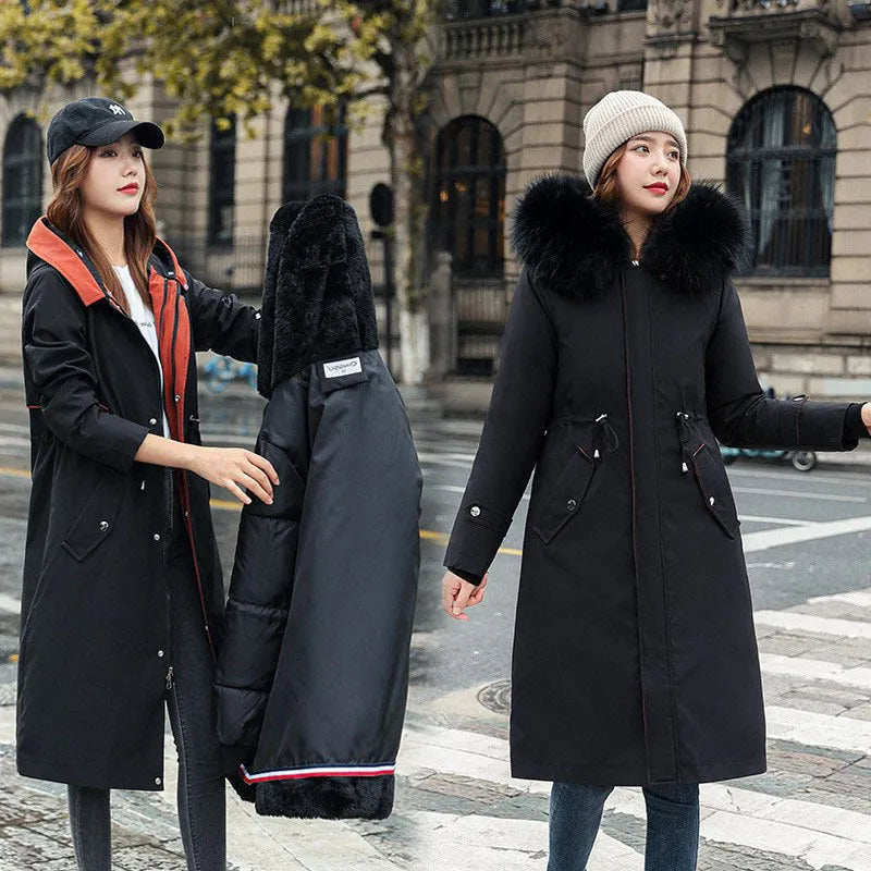 Women's long trench coat in bean green colour with fleece lining and down cotton filler