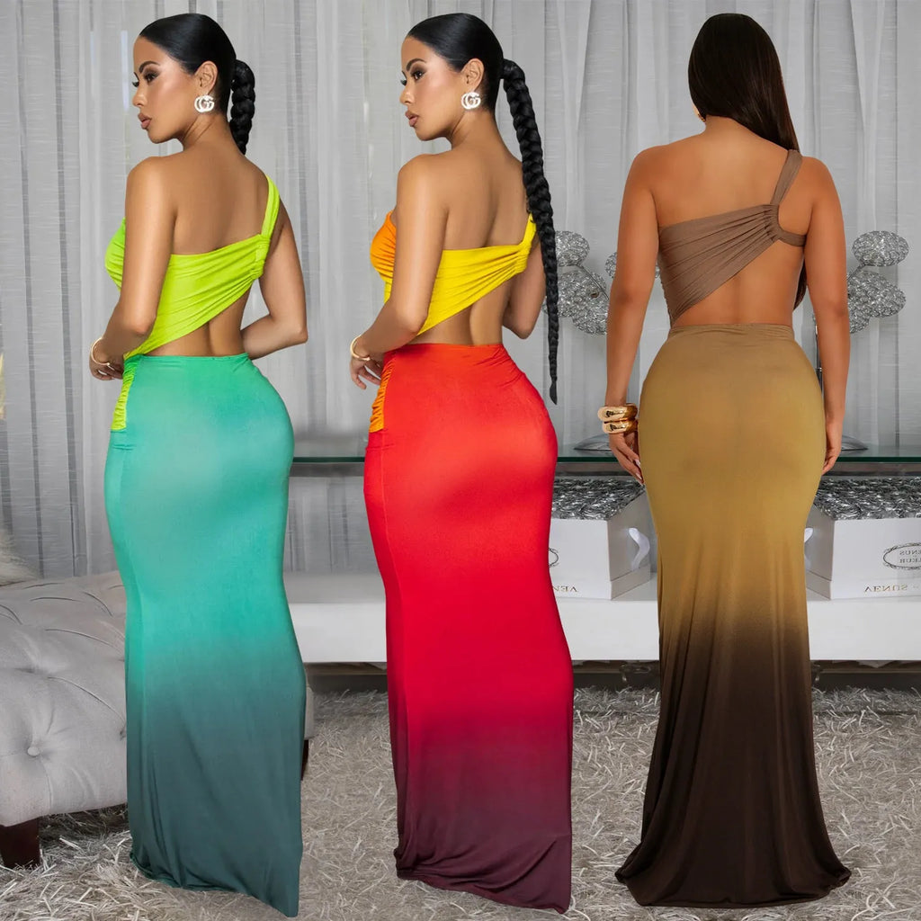 Women's gradient colour cross-shoulder sleeveless summer dress with a high-waist and long skirt.
