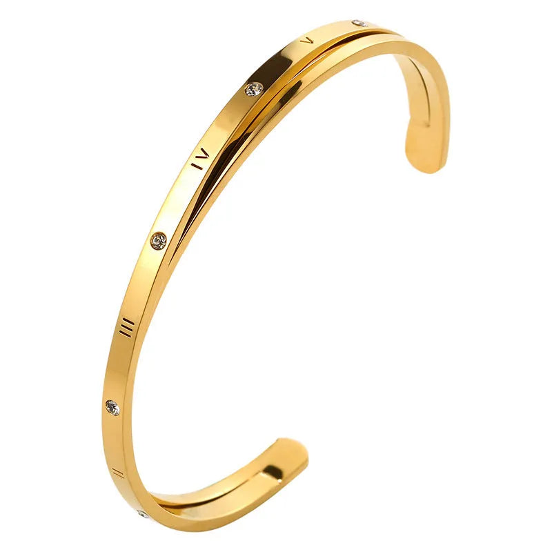 Open-ended stainless steel bracelet with zircon stones in rose gold colour