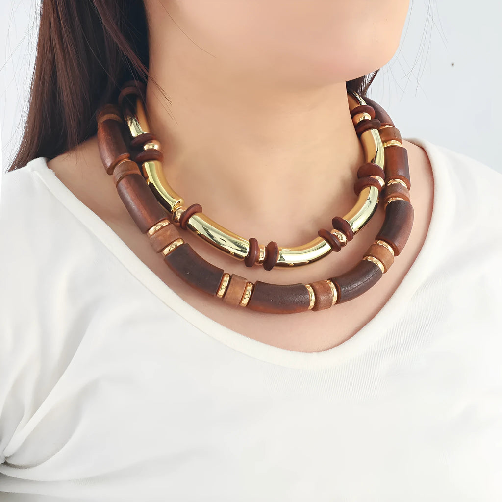 Women multi-layer wooden necklace and bracelet set with alloy chain and circular pendant design