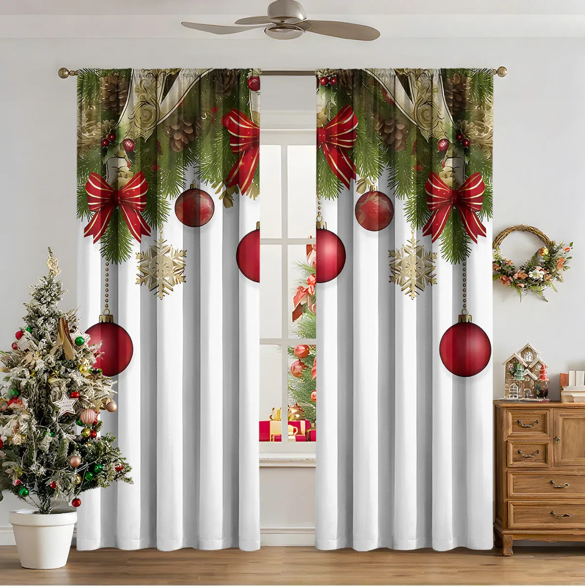 3D digital printed Christmas pattern on polyester curtain hanging in a window