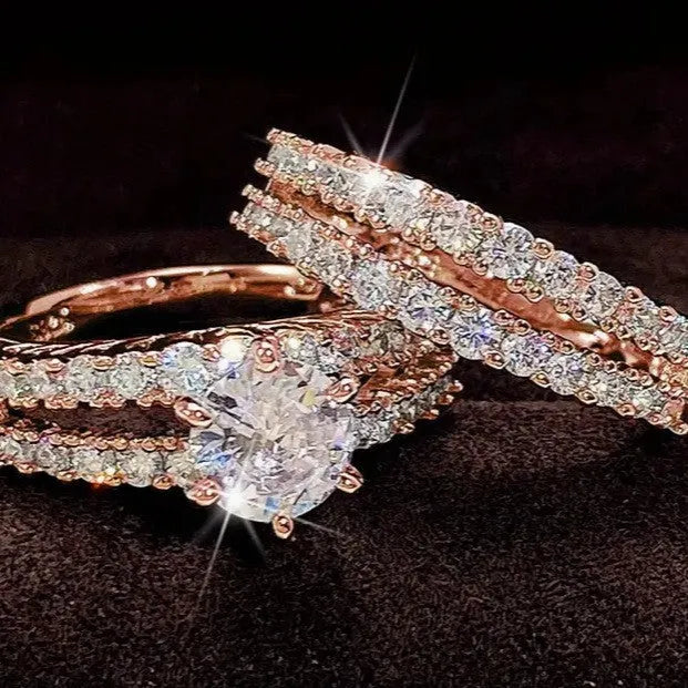 2-in-1 fully-jewelled women's fashion ring set in geometric shape with round elements