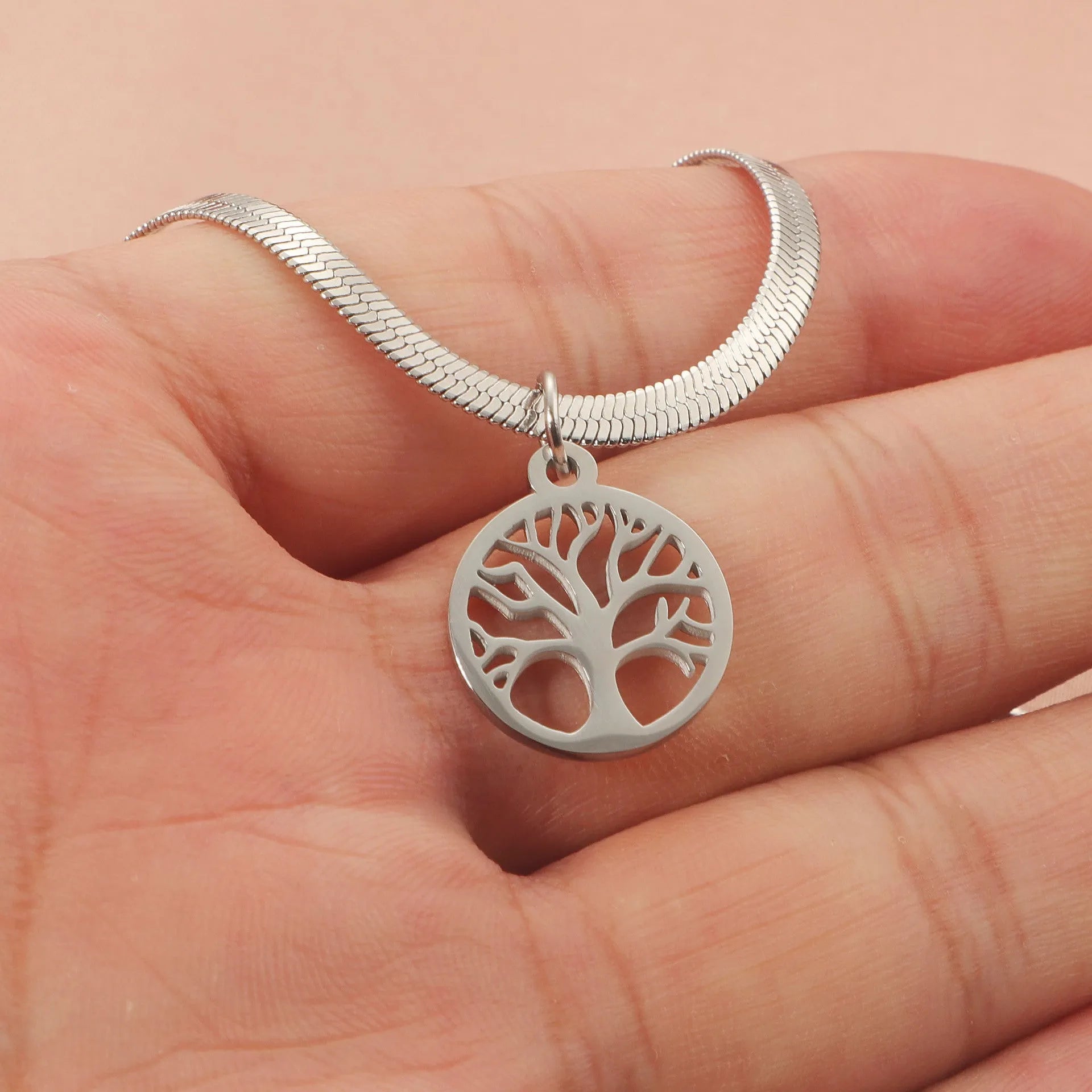 Stainless steel lucky tree pendant necklace with adjustable clasp in gold or steel colour