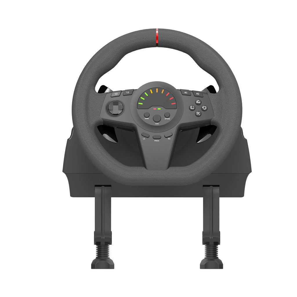 Black multi-platform steering wheel game controller with two pedals and vibration feedback for racing simulation