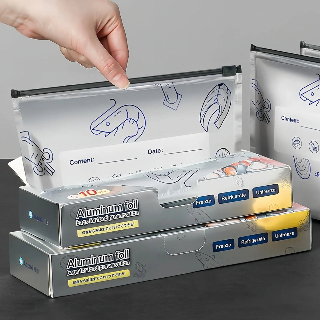 Pack of ten aluminium foil sealed storage bags in three different sizes on a white background.