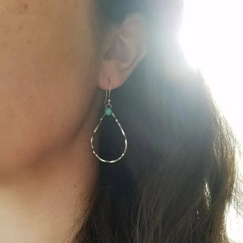 Geometric circle earrings with antique silver finish and turquoise bohemian style