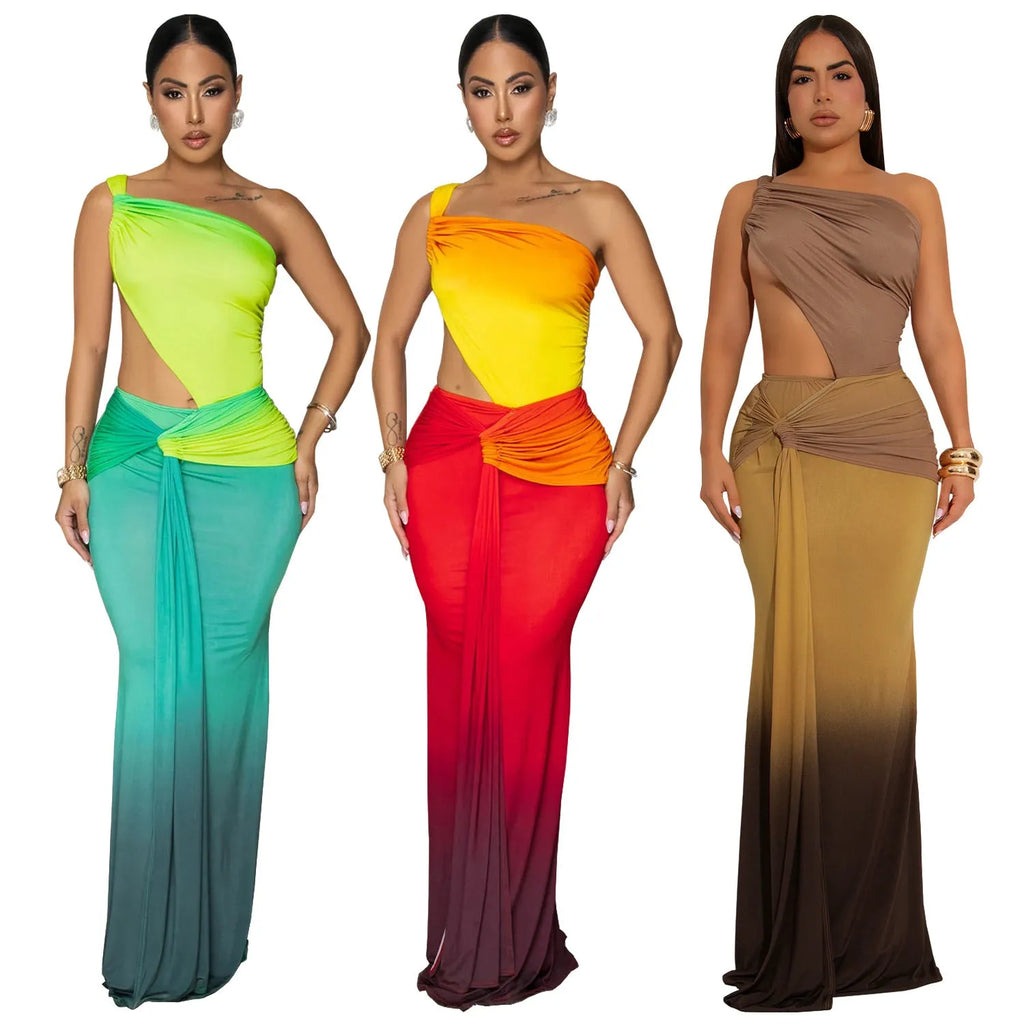 Women's gradient colour cross-shoulder sleeveless summer dress with a high-waist and long skirt.