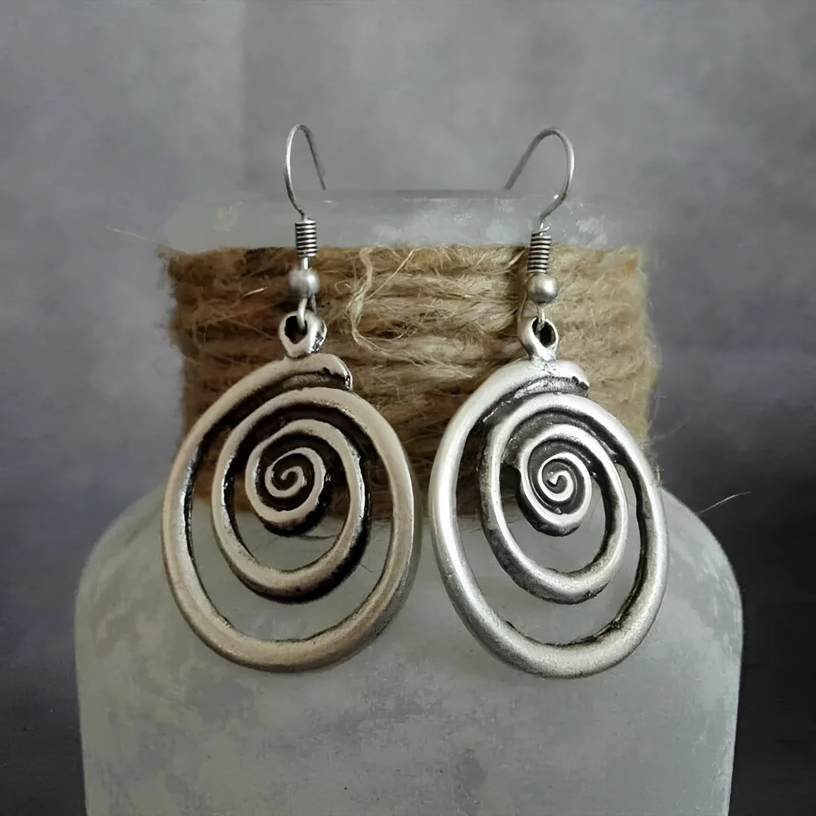 Geometric spiral distressed earrings in silver alloy with retro national style design