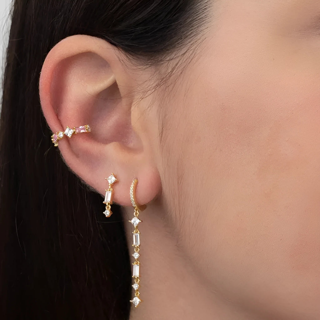 Sterling silver U-shaped geometric ear clips with colourful zircon stones and tassel detail