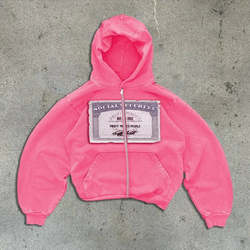 Unisex loose fit hoodie jacket with zipper closure in black, grey or pink polyester fabric