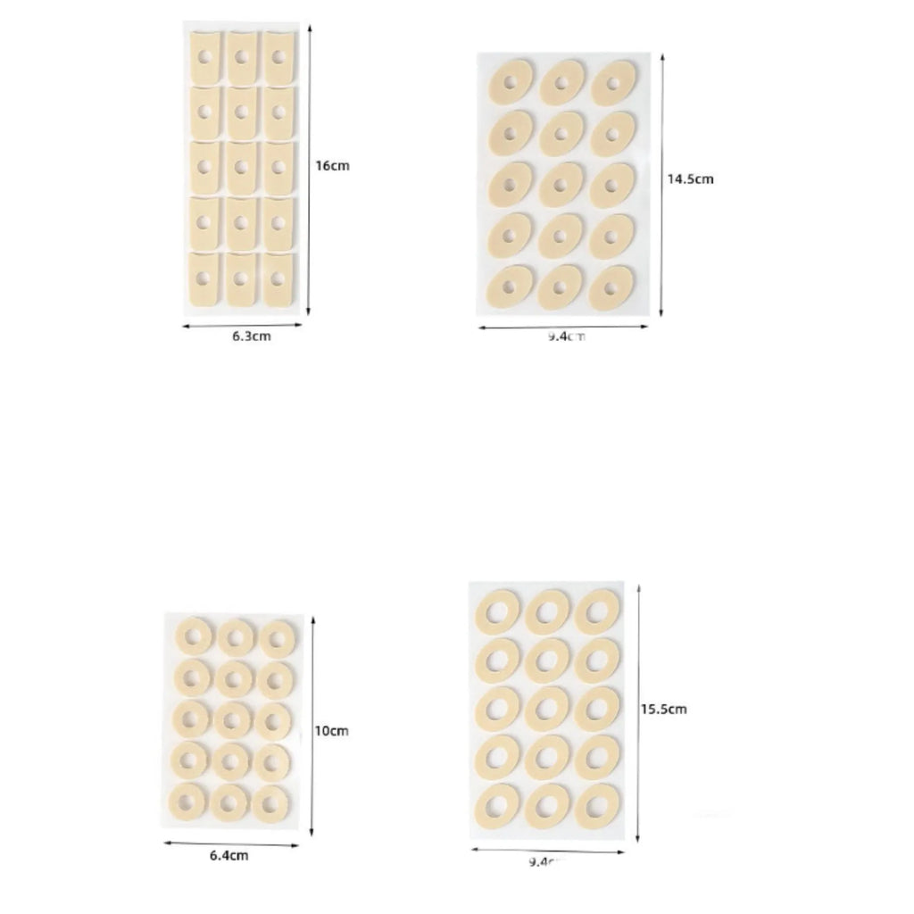 Assortment of PU heel and toe protectors showing large oval, small oval, U-shaped, and circular section shapes