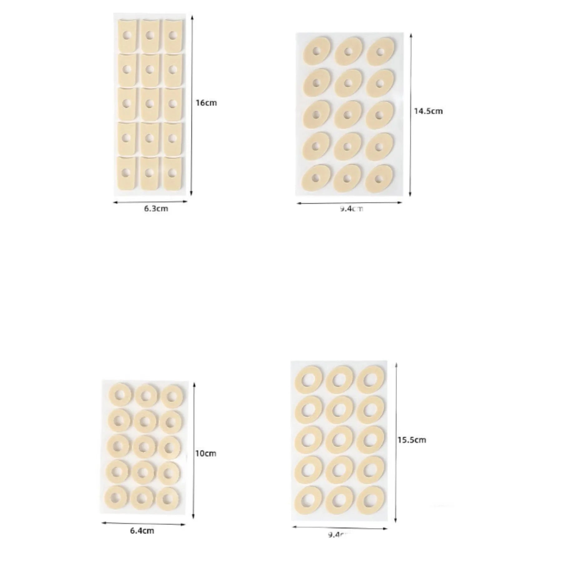 Assortment of PU heel and toe protectors showing large oval, small oval, U-shaped, and circular section shapes
