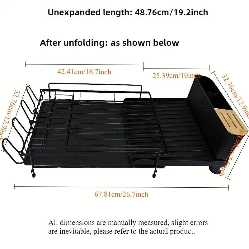Carbon steel foldable kitchen dish drain rack with sections for cutlery and cups
