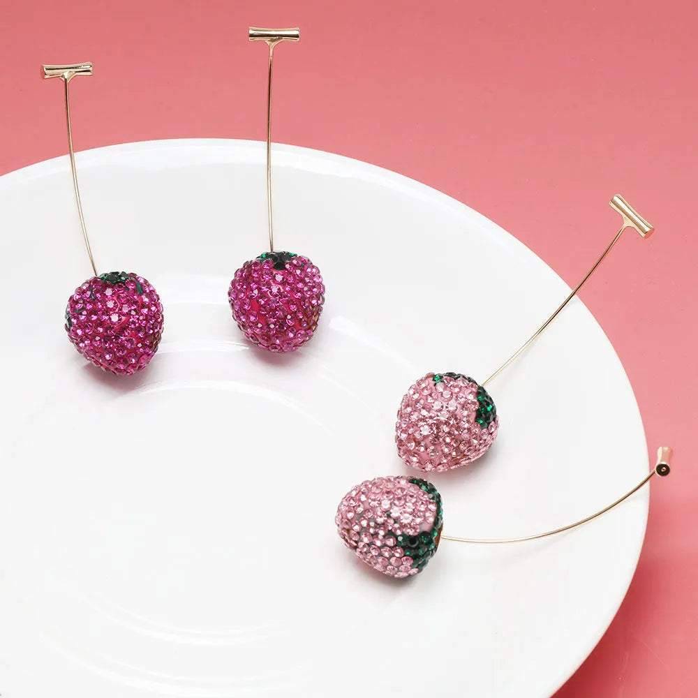 Geometric strawberry drop earrings for women in red zinc alloy with spot drill detail.