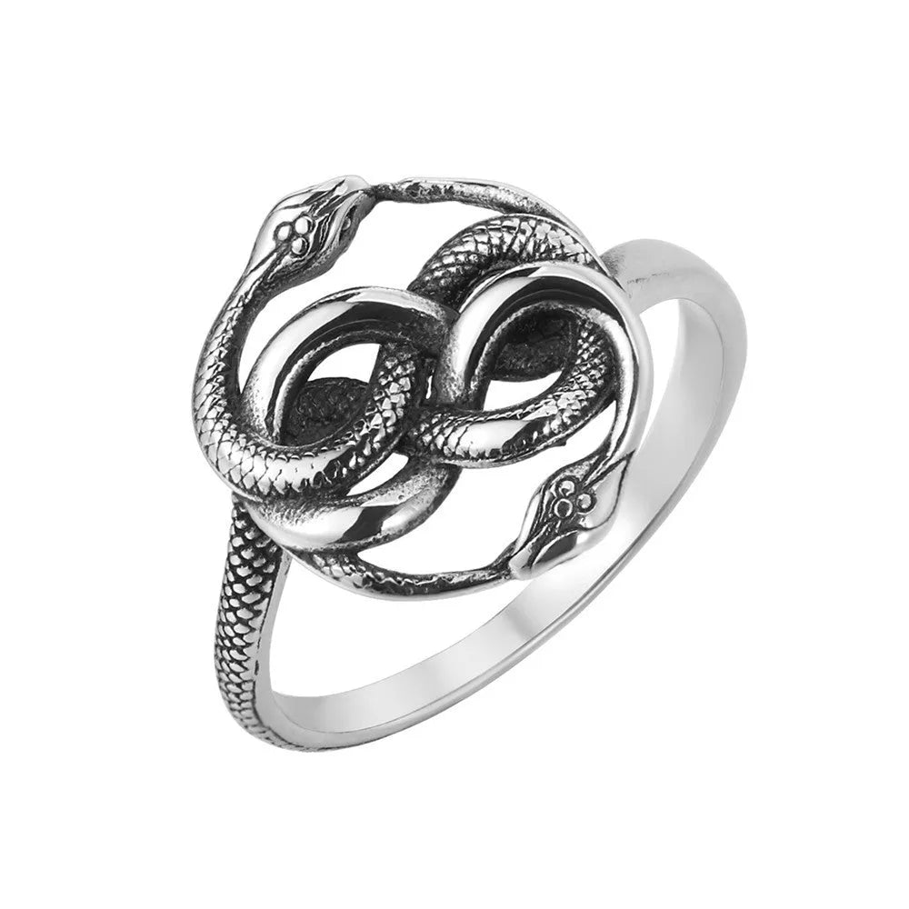 Titanium steel double snake ring with retro design in steel colour on size chart