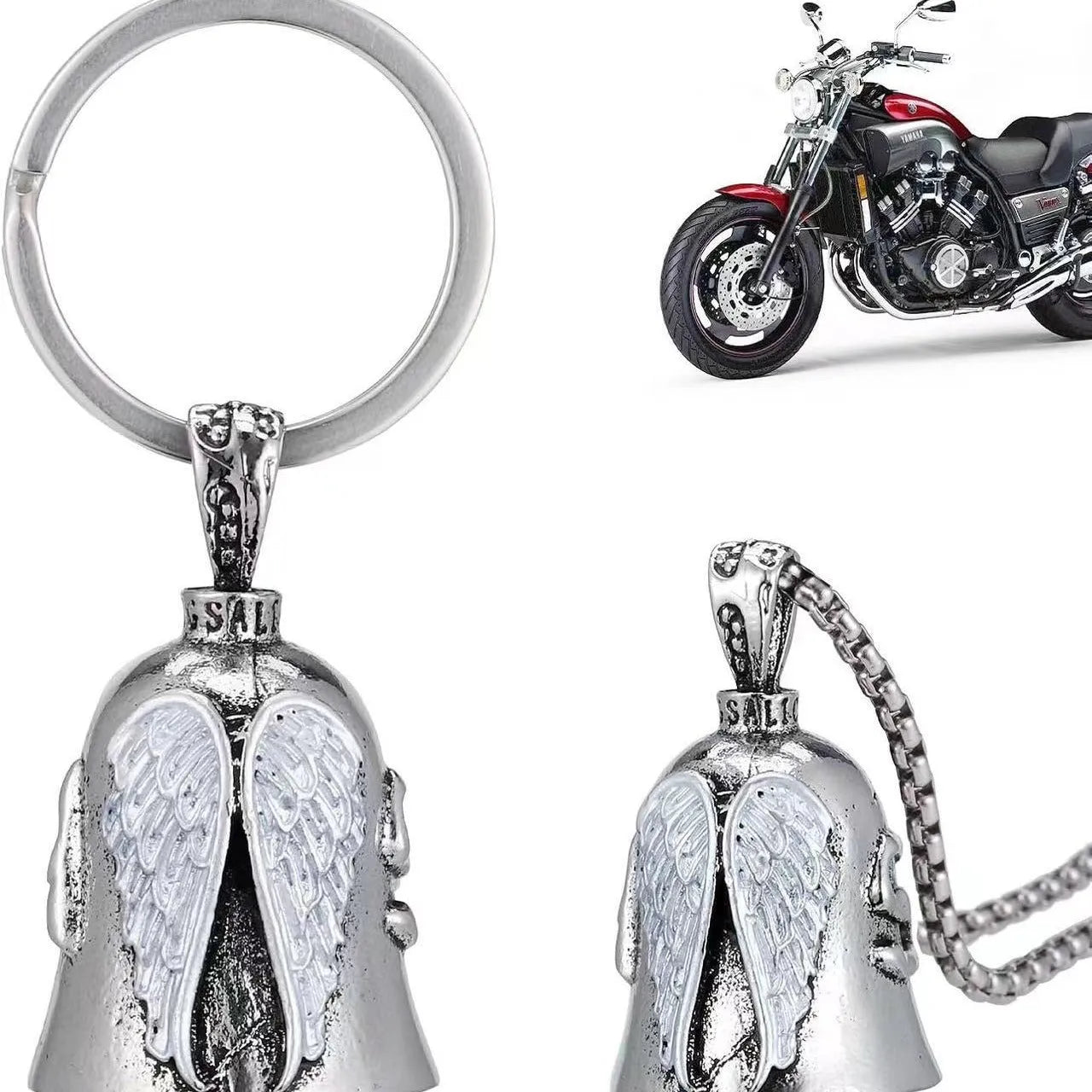 Vintage angel wings necklace and keychain set with silver electroplated finish and feather pendant design