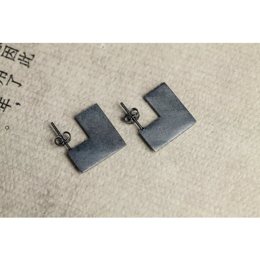Sterling silver square earrings with oxidised black finish, geometric minimalist design