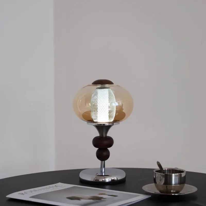 Solid wood retro palace desk lamp with USB cable and touch control panel showing three light colours