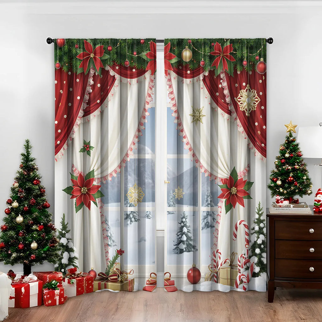 Pair of red and green Christmas themed curtains with 3D digital printed pattern hanging in a window.