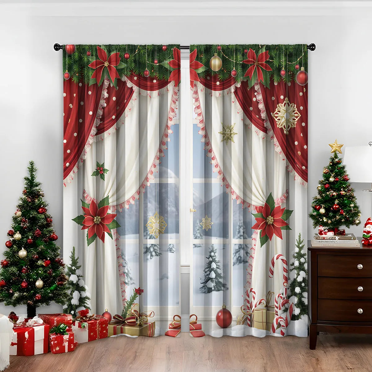 Pair of red and green Christmas themed curtains with 3D digital printed pattern hanging in a window.