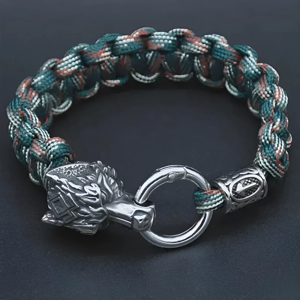 Wolf head stainless steel bracelet with Luen character design in camouflage colour on wrist