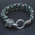 Wolf head stainless steel bracelet with Luen character design in camouflage colour on wrist