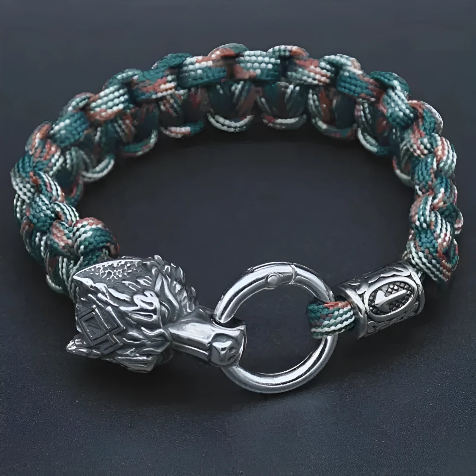 Wolf head stainless steel bracelet with Luen character design in camouflage colour on wrist