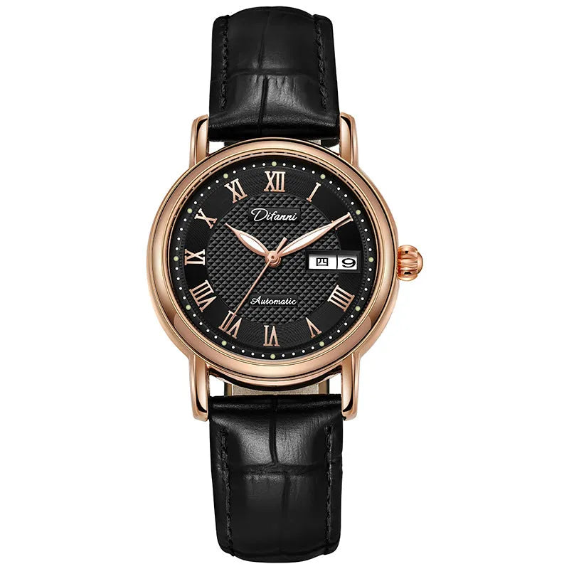 Women's fashion automatic mechanical watch with 12mm thickness on steel belt and leather strap options