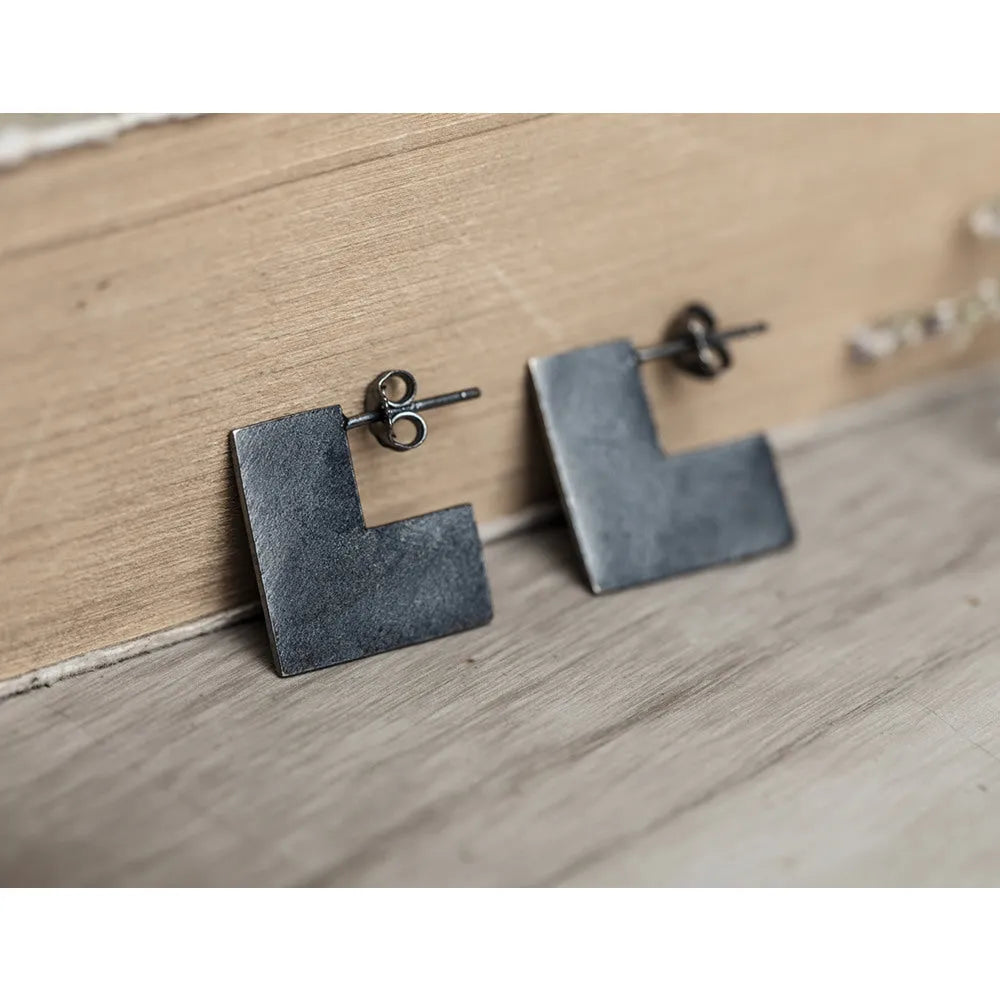Sterling silver square earrings with oxidised black finish, geometric minimalist design