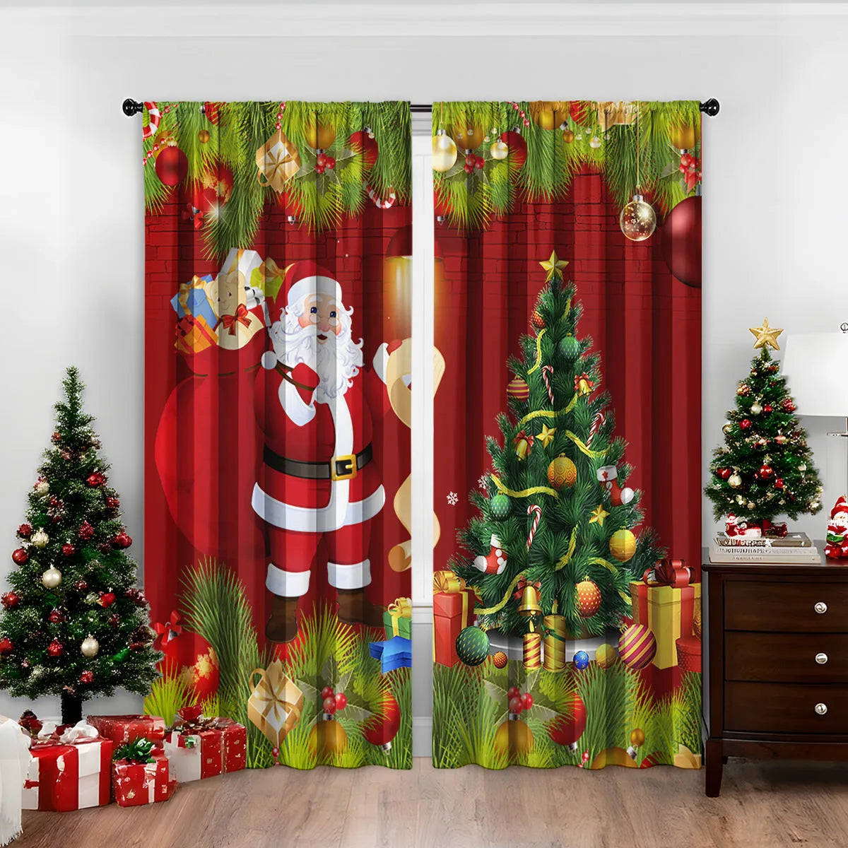 3D digital printed Christmas pattern on polyester curtain hanging in a window