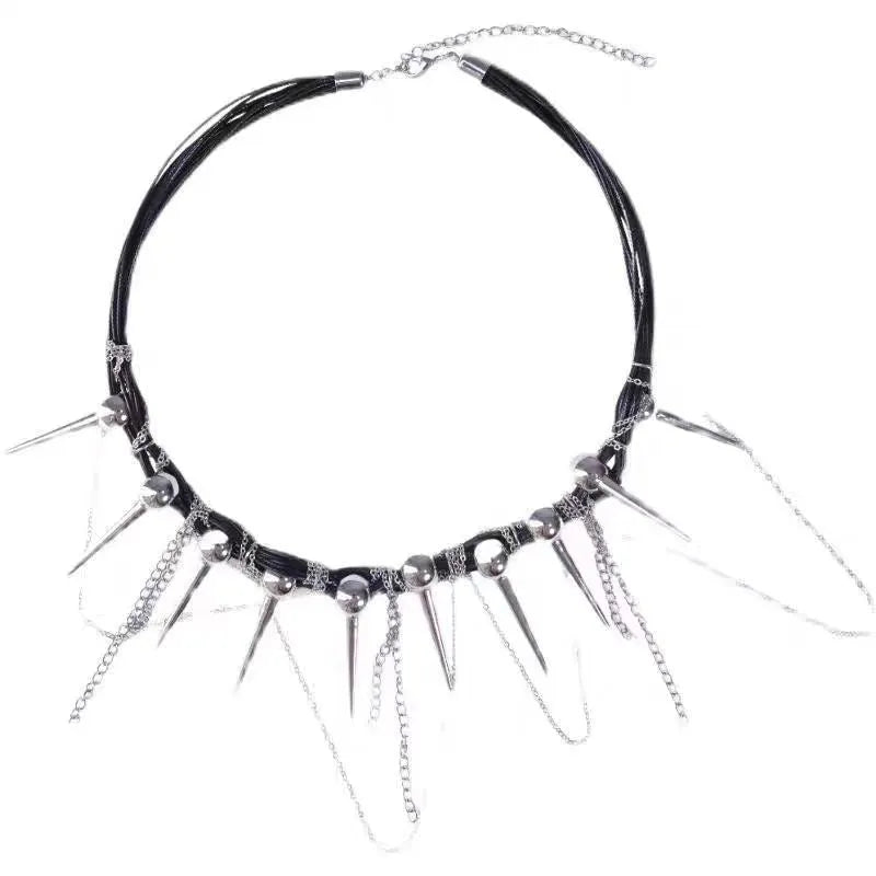 Women's leather necklace with winding tassel, round beads, and point rivets in electroplated finish